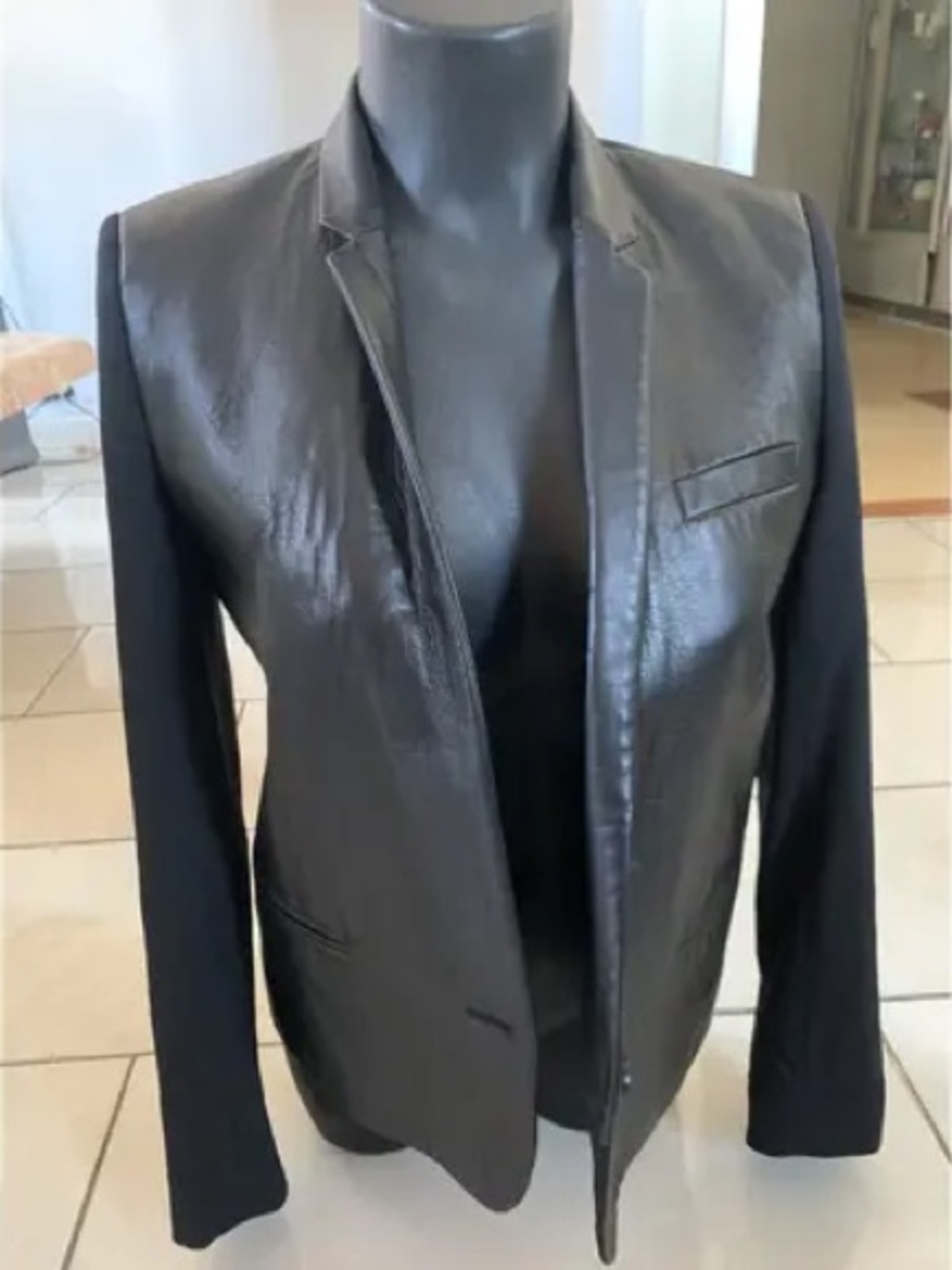The Kooples Leather & Wool Woman’s Black Blazer.  Size FR 34. US size 2.